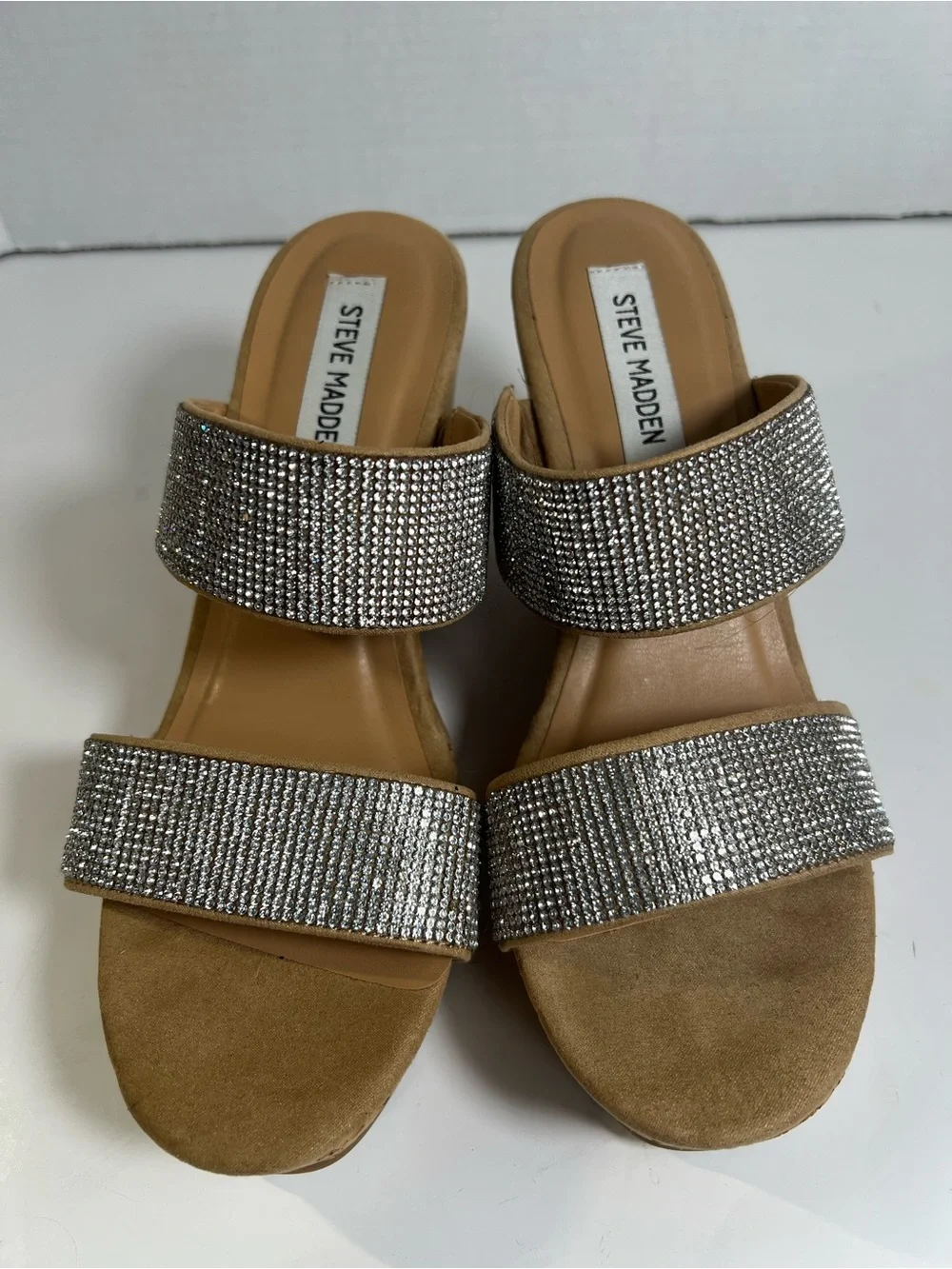 Steve Madden Sandro Rhinestone Cork Wedge Slide Sandals Beige 8.5M